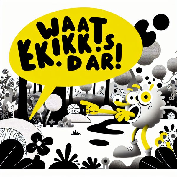 Speelse illustratie van een kinderlijke verrassing en aandacht trekken Speelse illustratie van een grote gele spraakballon met de tekst 'Wat, kijk eens daar!' uit een kleurrijk karakter met een verraste uitdrukking.