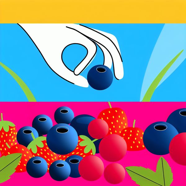 Vrolijke illustratie van verschillende kleurrijke bessen zoals blauwe bessen, frambozen en aardbeien tegen een heldere achtergrond, met een hand die reikt naar de bessen.