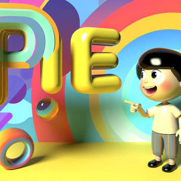 Speelse illustratie van het woord 'pee' in een educatieve context Illustratie van een nieuwsgierig kind dat wijst naar het woord 'pee' omringd door kleurrijke vormen en retro-futuristische elementen.