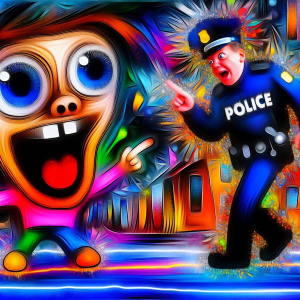 Speelse Kind en Politie Agent in Abstracte Kunst Een abstracte afbeelding van een speelse, grote kind dat enthousiast wijst naar een cartoonachtige politieagent in een chaotische stedelijke omgeving.