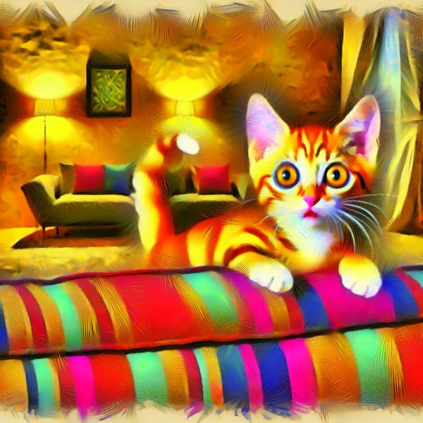 Speelse kitten achter kleurige bank in woonkamer Speelse kitten die nieuwsgierig achter een kleurrijke bank tevoorschijn komt in een warme woonkamer.
