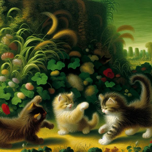 Drie speelse en fluffy kittens spelen in een serene tuin vol bloemen.