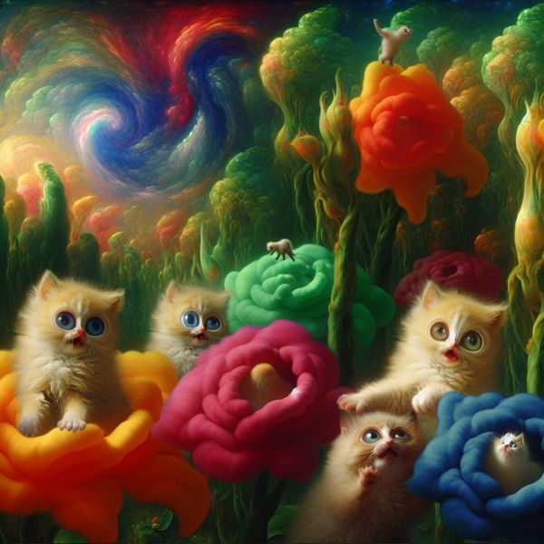 Schattige kittens in een surrealistisch landschap Speelse kittens in een surrealistisch landschap tussen kleurrijke bloemen