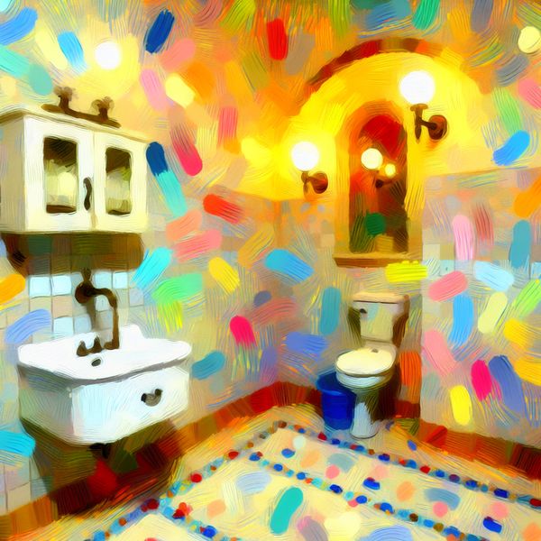 Speelse en Kleurrijke Ontwerp van een Badkamertje voor Gasten Vibrant abstract weergave van een klein badkamertje met een speelse en kleurrijke uitstraling, ontworpen voor gasten.