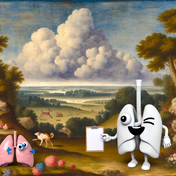 Speelse Long met Medische Chart in Natuur Een cartoonachtige kleine long met een blije uitstraling, omringd door kleurrijke bloemen en luchtige wolken, terwijl het een medische chart vasthoudt en knipoogt naar nieuwsgierige dieren.