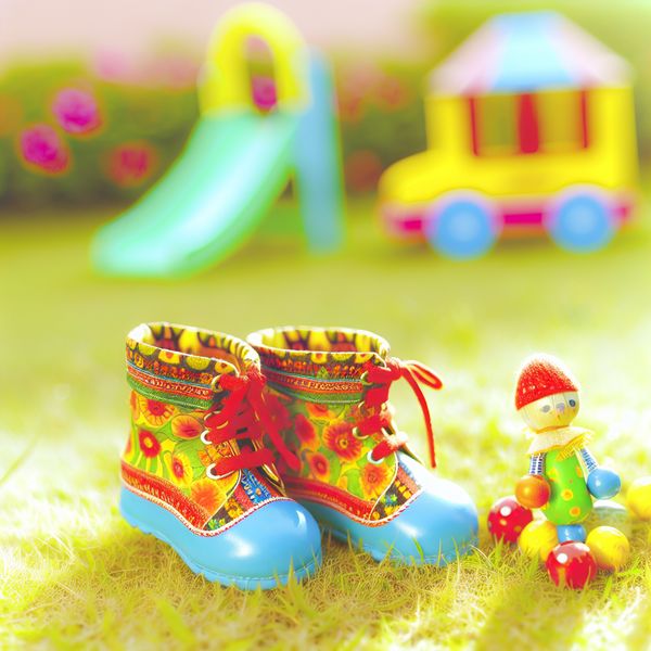 Speelse Miniatuur Kinderlaarsjes Op Gras Een paar schattige, miniatuur kinderlapschoenen op een zonnig grasveld, omringd door speelgoed en bloemen.