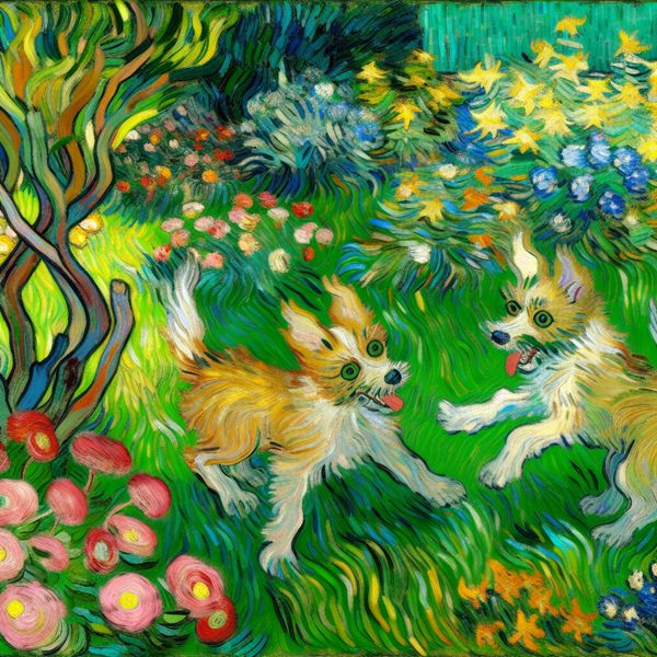 Vrolijke puppy's in de tuin Twee speelse puppy's met grote expressieve ogen die vrolijk rondrennen tussen kleurrijke bloemen en gras in een levendige tuin, geschilderd in de stijl van Vincent van Gogh.