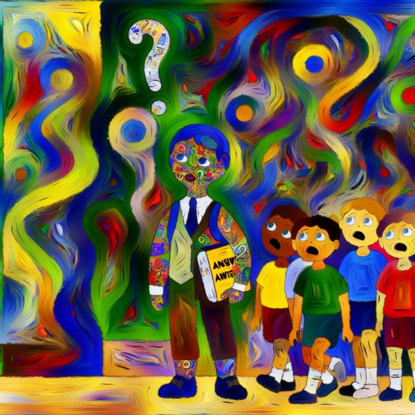 Abstracte afbeelding van een speelse schoolscene met een kind dat een groot boek vastheeft, omringd door verwonderde klasgenoten.