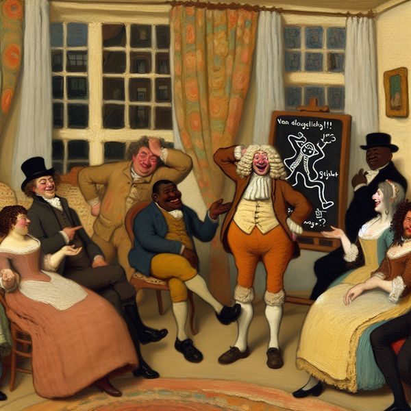 Een speelse scène in een gezellige huiskamer met een dishevelled personage en lachende mensen, samen met een krijtbord vol humoristische stereotypen.
