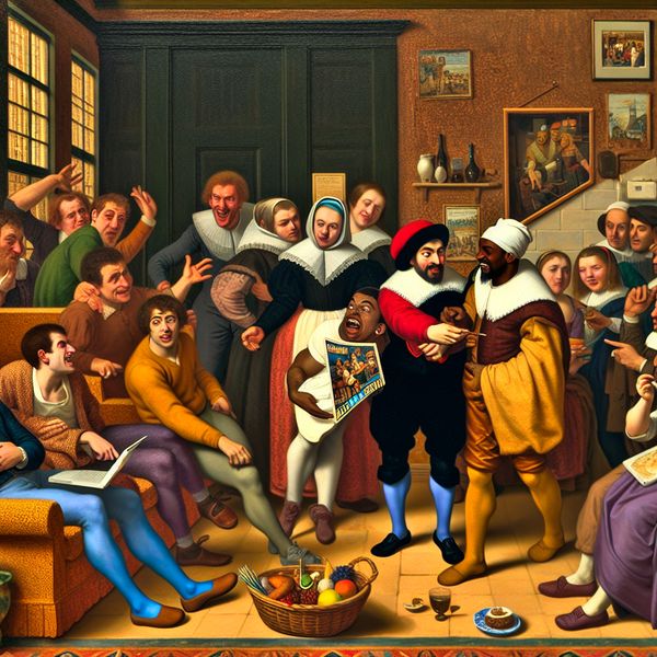 Speels meningsverschil tussen vrienden - Nederlandse taaloefening twist Twee vrienden hebben een speelse meningsverschil in een gezellige woonkamer, omringd door lachende vrienden met snacks, in de levendige stijl van Jan Steen