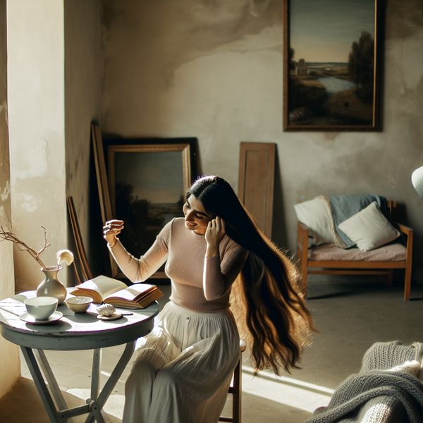 Speelse vrouw met lange haren in serene interieur Een jonge vrouw speelt speels met haar lange haar terwijl ze aan een tafel zit, verlicht door zonlicht dat door het raam stroomt.