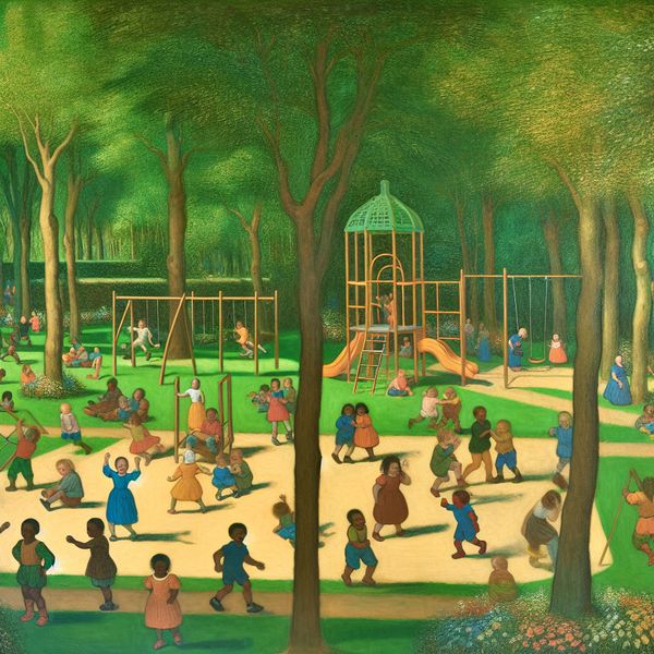 Speeltuin met kinderen in een groene omgeving Kinderen spelen vreugdevol in een kleurrijke speeltuin omringd door groen.