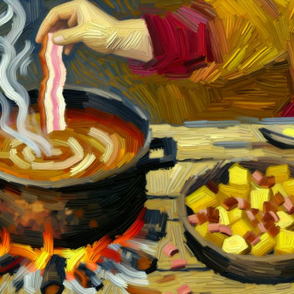 Vibrante keukenscène in Van Gogh-stijl met roestieke houten tafel waarop een dampende soeppot staat, waarin een stuk rookspek wordt toegevoegd om het gerecht te verrijken