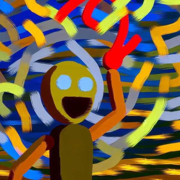Kleurrijke cartoonfiguur die moeiteloos een eenvoudige taak uitvoert, zoals een puzzelstukje plaatsen, in expressieve stijl van Karel Appel
