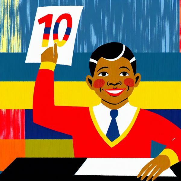 Vrolijke student met een perfect cijfer 10 op een toets, illustratie in minimalistische stijl van Dick Bruna over spekvet makkelijke taken