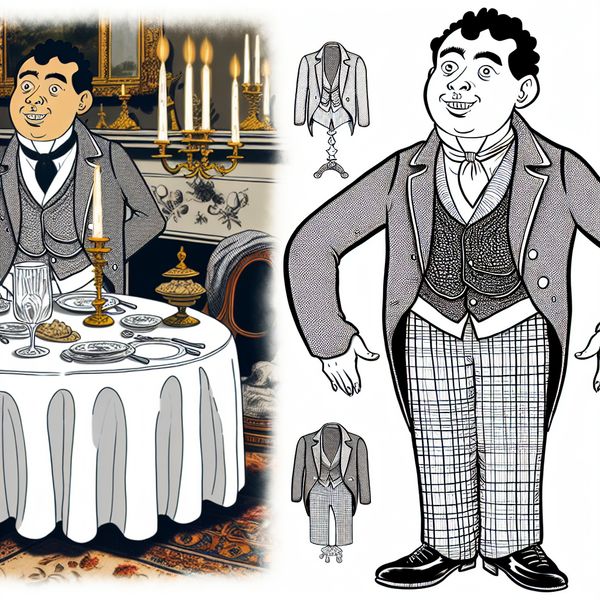 Cartoonillustratie van een stijlvol geklede persoon aan een formeel diner, met een spencer (kort mouwloos jasje) onder een blazer, in de stijl van Marten Toonder
