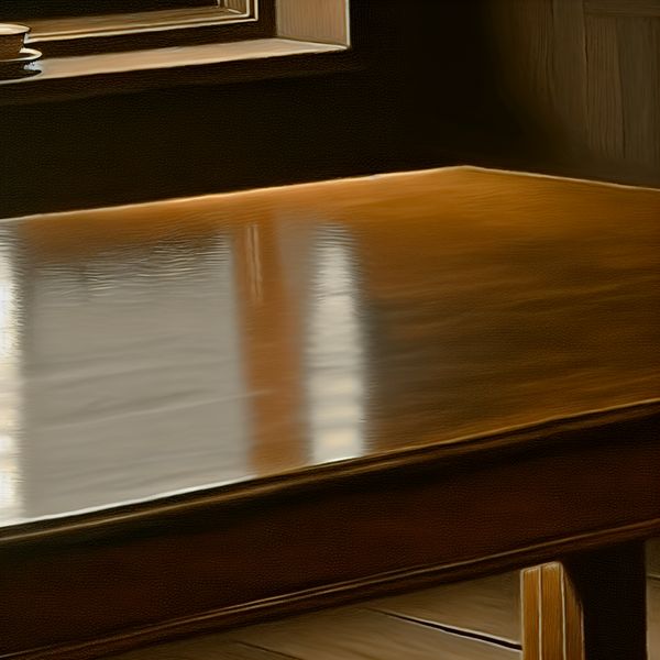 Spiegelglad oppervlak: perfect gepolijste houten tafel in Vermeer-stijl voor taalonderwijs Spiegelglad gepolijst houten tafelblad in een zacht verlichte Nederlandse interieur, stijl van Johannes Vermeer