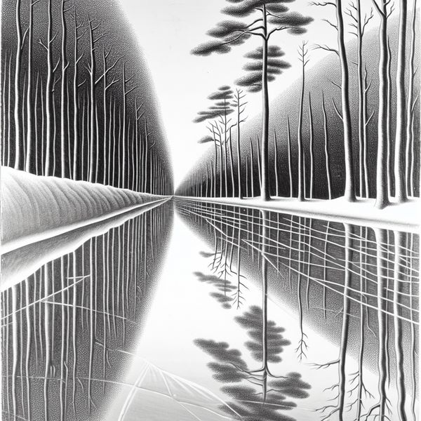 Spiegelgladde ijsweg met optische illusie en perfecte reflectie - taaluitdrukking gladheid Surrealistische ijsweg met spiegelglad oppervlak dat bomen en lucht perfect reflecteert, geïnspireerd op M.C. Escher