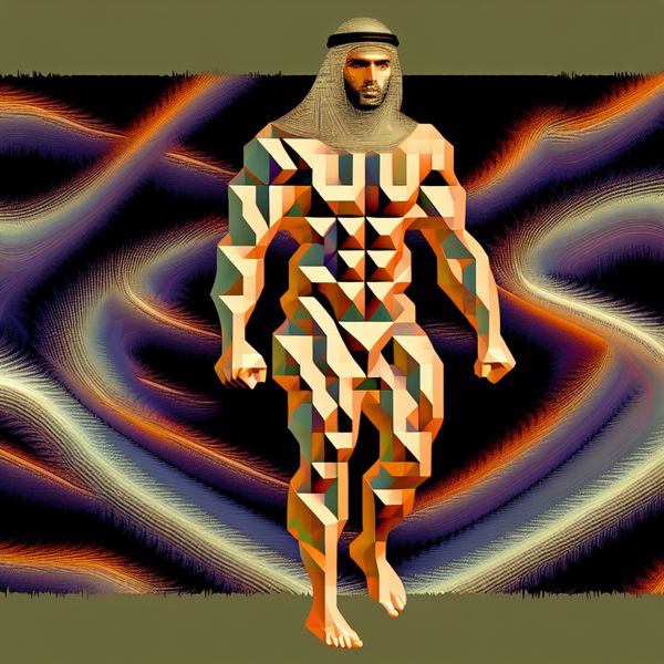 Surrealistische afbeeling van spiergroei en ruimte Surrealistische afbeelding van een figuur met overdrijvende spieren te midden van vervormde geometrische vormen die de mogelijkheden van groei en gewicht verkennen.