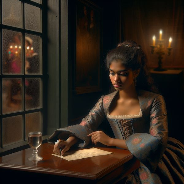 Spijt en teleurstelling in 17e-eeuws schilderij met brief en regen Jonge vrouw in 17e-eeuwse Nederlandse jurk zit teleurgesteld aan tafel met een geopende brief, regenachtig uitzicht op feest buiten