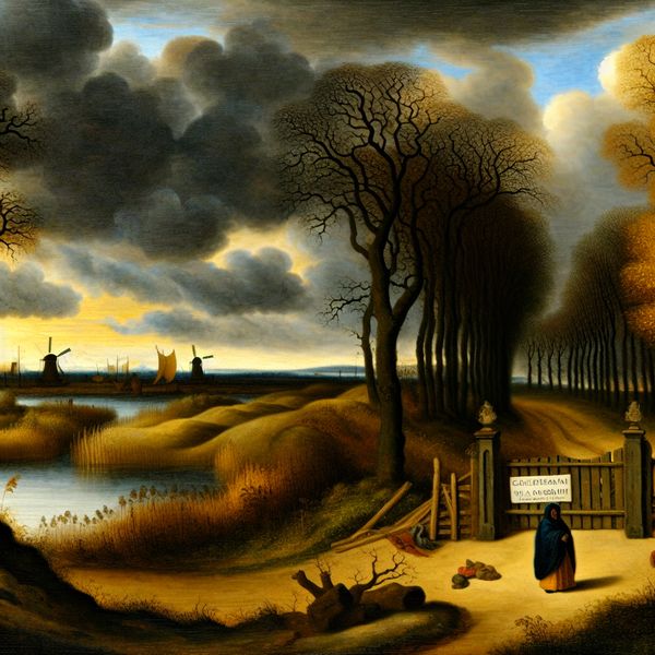 Spijt en teleurstelling in Nederlandse landschapsschilderkunst - Jacob van Ruisdael stijl Melancholisch Nederlands landschap met eenzame figuur bij gesloten poort, symboliserend spijt en gemiste kansen