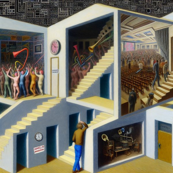 Spijt en teleurstelling: surrealistische weergave van gemiste kansen en verloren tijd Surrealistische voorstelling van spijt met een figuur bij onmogelijke trappen, symboliserend gemiste kansen en teleurstelling in de stijl van M.C. Escher
