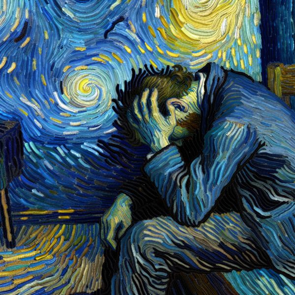 Spijt en teleurstelling uitdrukken in Van Gogh schilderij met emotionele expressie Emotionele persoon met spijt in Van Gogh-stijl, huilend in een donkere kamer met zichtbare verloren kans