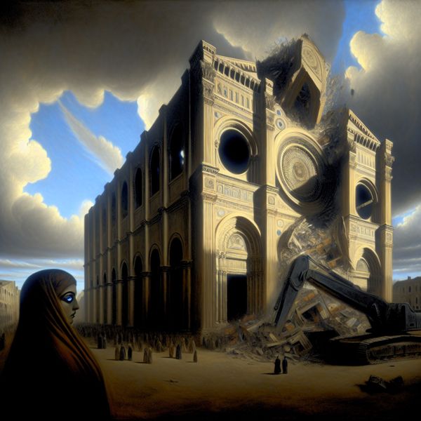 Hyperrealistisch schilderij van een oude kerk in verval door sloopwerkzaamheden, met een eenzame figuur die met spijt toekijkt onder een sombere lucht