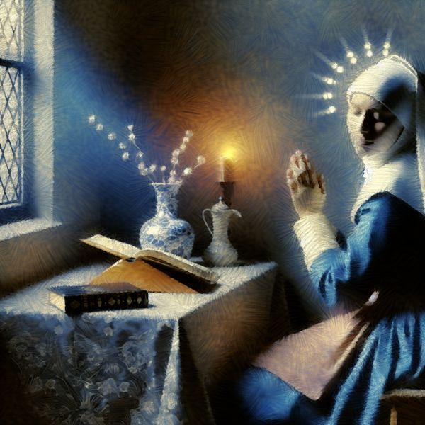 Intiem tafereel van spirituele reflectie met persoon in gebed, omringd door een Koran en Bijbel, in Vermeer-stijl met zacht licht
