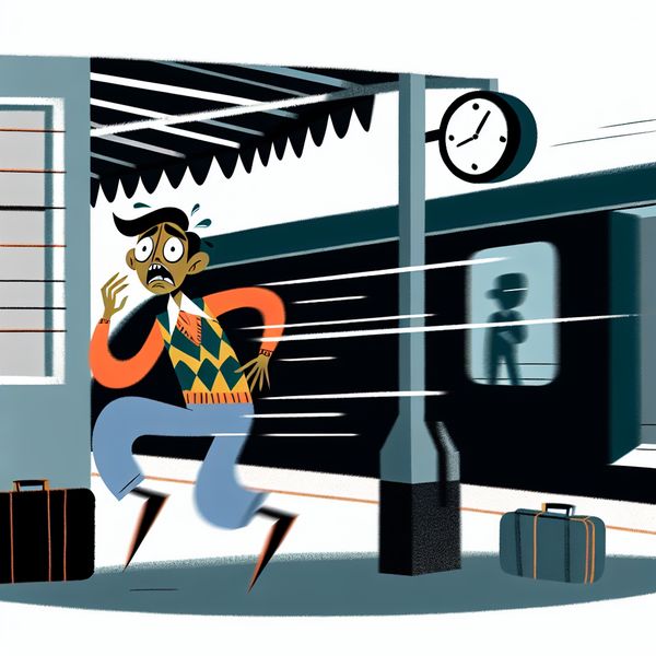 Illustratie spoed en haast: persoon mist bijna de trein Minimalistische illustratie van een gestreste persoon die rent naar een vertrekkende trein op een station, met een klok die de spoed benadrukt