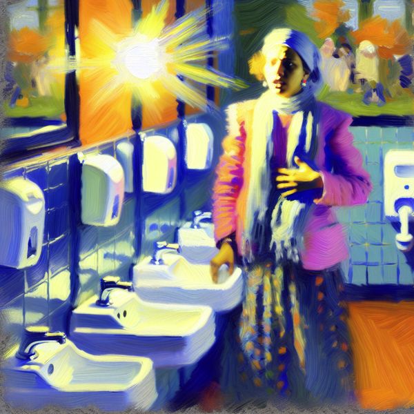 Urgente situatie in het toilet: een informele kijk op het plasproces Persoon met een opgeluchte uitstraling in een openbare wc, klaar om het toilet te gebruiken