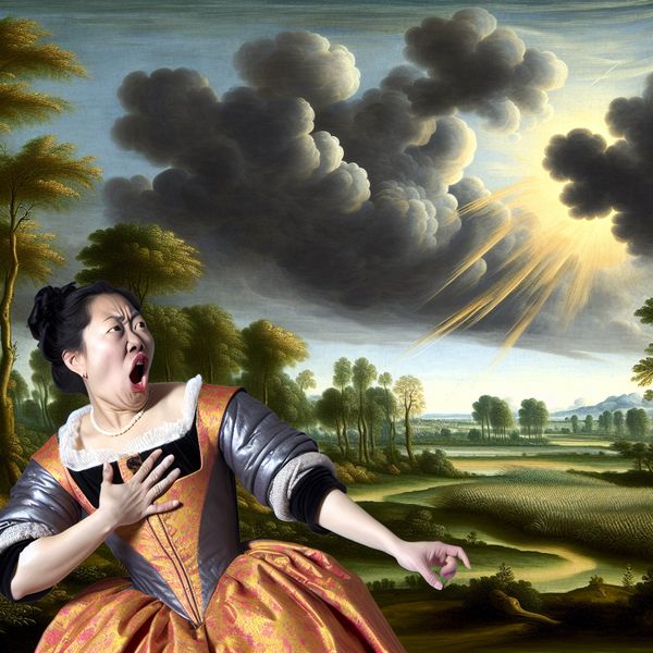 17e-eeuws Hollands landschap met dramatische lucht en persoon die schrikt en pijn uitdrukt, symboliserend een spontane reactie op verbazing of pijn