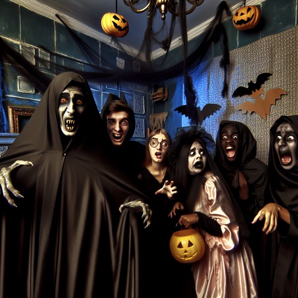 Spookachtige Halloween scène met vrienden Een groep vrienden in griezelige kostuums, met één vriend in de schaduw die zich voordoet als een spook in een spookachtige kamer