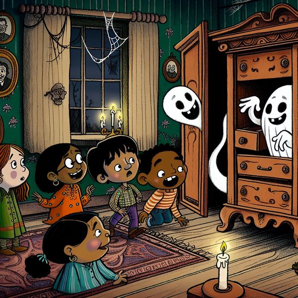 Spookhuis met vriendelijke geest en nieuwsgierige kinderen Cartoonachtige weergave van kinderen die nieuwsgierig in een wardrobe kijken waar een vriendelijke geest uitkijkt, omringd door een spookhuis sfeer.