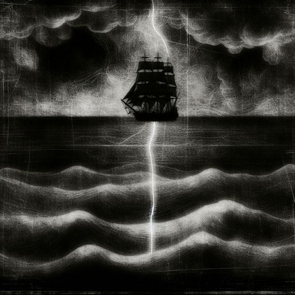 Symbolische route van een spookschip in stormachtige zee - taal en betekenis leren Schip volgt een spookachtige gloeiende route over een stormachtige zee in gotische stijl, symboliserend een vastgestelde koers of pad