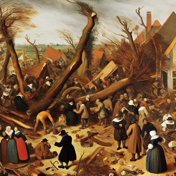 Sporen van vernieling na een storm: chaotische nasleep in schilderstijl van Jan Steen Drukke scène na een storm met omgewaaide bomen, puin en beschadigde gebouwen, mensen in shock en bezig met opruimen, in warme aardetinten geschilderd in de stijl van Jan Steen