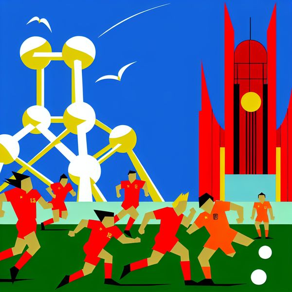 Een kleurrijke afbeelding van een sportevenement tussen België en Nederland, met teams in rode en oranje kits, iconische bezienswaardigheden op de achtergrond en een heldere lucht.