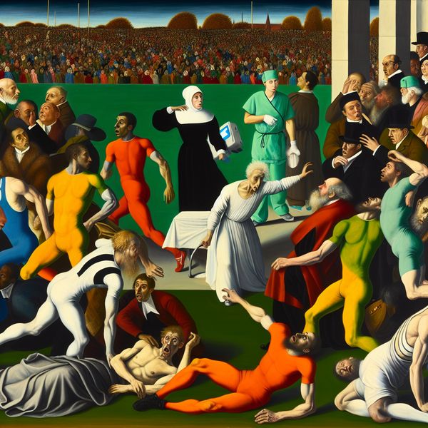 Drama in het Stadion: Sportevenement Geannuleerd Door Zieke Scheidsrechter Atleten in kleurrijke uniformen kijken teleurgesteld, terwijl een arts zich over een zieke scheidsrechter ontfermt in een vol stadion.