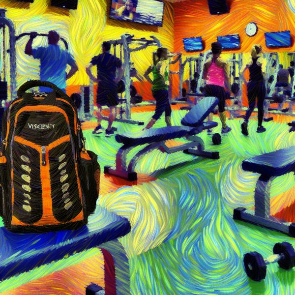 Sportieve rugzak in gym: een van Gogh-stijl scenario Een sportieve rugzak in een levendige sportschoolsetting, vol met mensen die trainen.