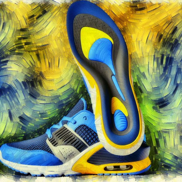 Comfortabele sportieve schoenen met ondersteunende binnenzolen Close-up van sportieve schoenen met focus op de binnenzolen en hun dikke demping en steun.