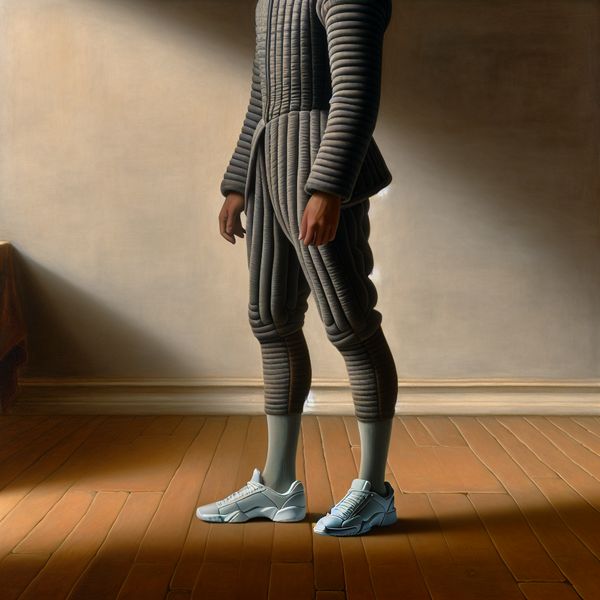 Sportieve stijl in elegante setting: verfijnde tracksuit en sneakers Elegant persoon in sportieve maar verfijnde outfit met aandacht voor texturen en stoffen, geschilderd in de stijl van Gerard ter Borch