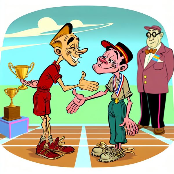Sportiviteit en fair play in wedstrijd: cartoon met handdruk en respectvolle houding Twee tekenfilmfiguren tonen sportiviteit na een wedstrijd met een handdruk en duim omhoog in een vrolijke, gedetailleerde cartoonstijl