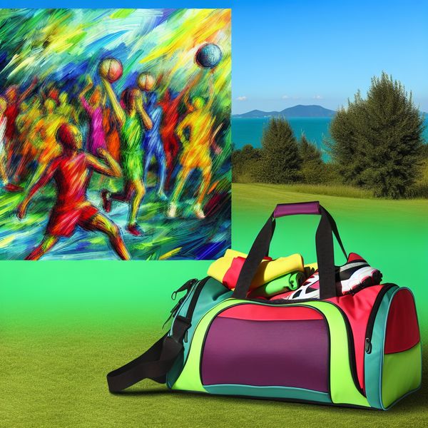 Een sporttas vol kleurrijke sportkleding en schoenen op een grasveld met een heldere blauwe lucht op de achtergrond.