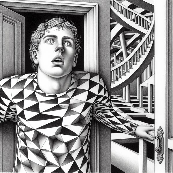 Sprakeloosheid uitgedrukt in Escher-achtige optische illusie voor taalonderwijs Surrealistische tekening in de stijl van M.C. Escher van een sprakeloze jongeman, opgebouwd uit geometrische patronen en optische illusies, staand in een deuropening met onmogelijke architectuur