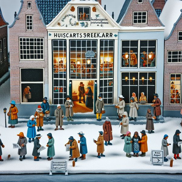 Spreekuur bij huisarts of decaan: wachtrij en afspraakmoment in winterse setting Drukbezochte Nederlandse stadstuin in winter met wachtende mensen voor een huisartsenpraktijk of decanaat tijdens spreekuur, in de stijl van Hendrick Avercamp