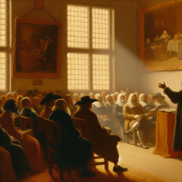 Spreker en Aandachtig Publiek in een Vermeer-stijl Kamer Een serene kamer waar een spreker een aandachtig publiek toespreekt, zichtbaar geraakt en enthousiast.