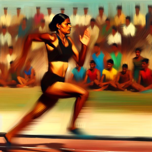 Hardloopwedstrijd schilderij: sprintster in volle snelheid - Frans Hals stijl Vrouwelijke sprinter in volle actie tijdens 100-meter wedstrijd, geschilderd in levendige stijl van Frans Hals