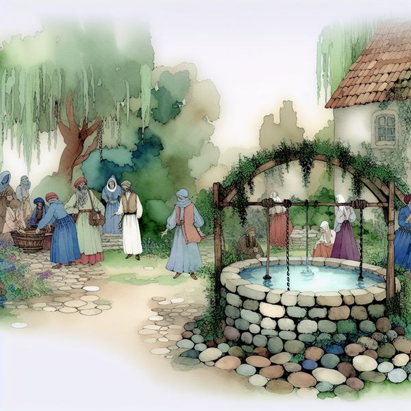 Dorpsleven bij oude waterput in sprookjesachtige stijl