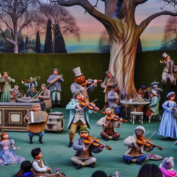 Diverse muzikanten in een sprookjesachtig park Een kleine, excentrieke band speelt in een vintage park voor een opgetogen publiek, met oude bomen en een pastelgekleurde lucht.