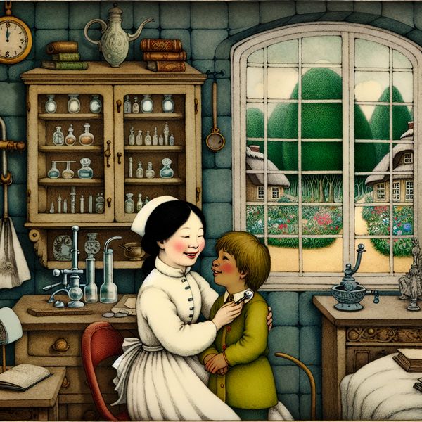 Sprookjesachtige Dokterspraktijk met Kind en Zorgzame Arts Een vriendelijke dokter die een kind onderzoekt in een sprookjesachtige dokterspraktijk vol vintage medische apparatuur.